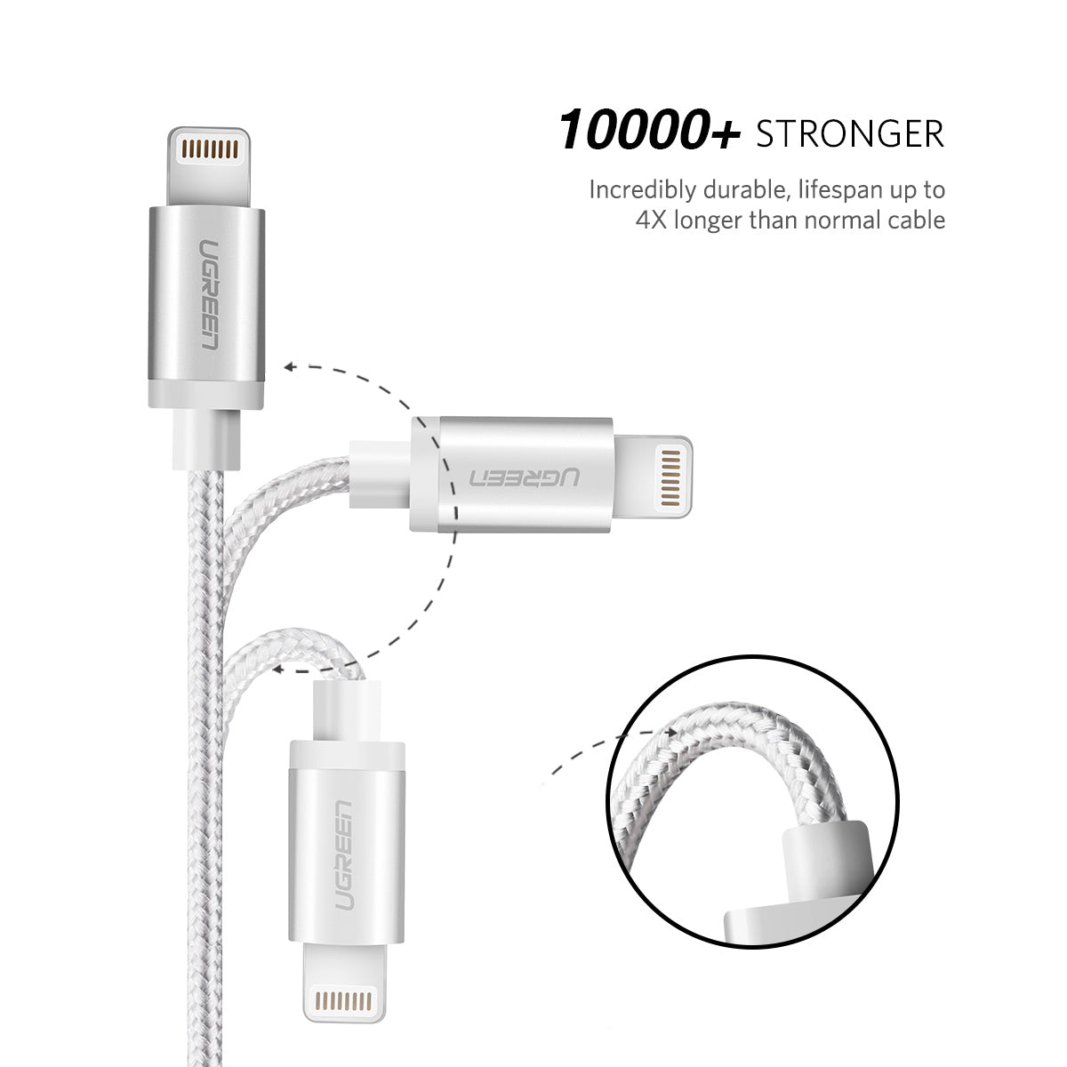 Nylon Braid Anti Cut MFI Certified Lightning Cable By Ugreen Silver