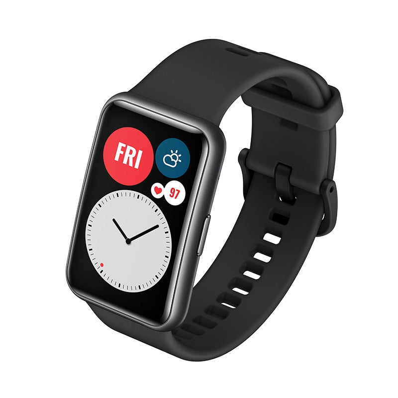 Huawei Watch Fit in black, featuring SpO2 and heart rate monitor with a sleek design and 10-day battery life.