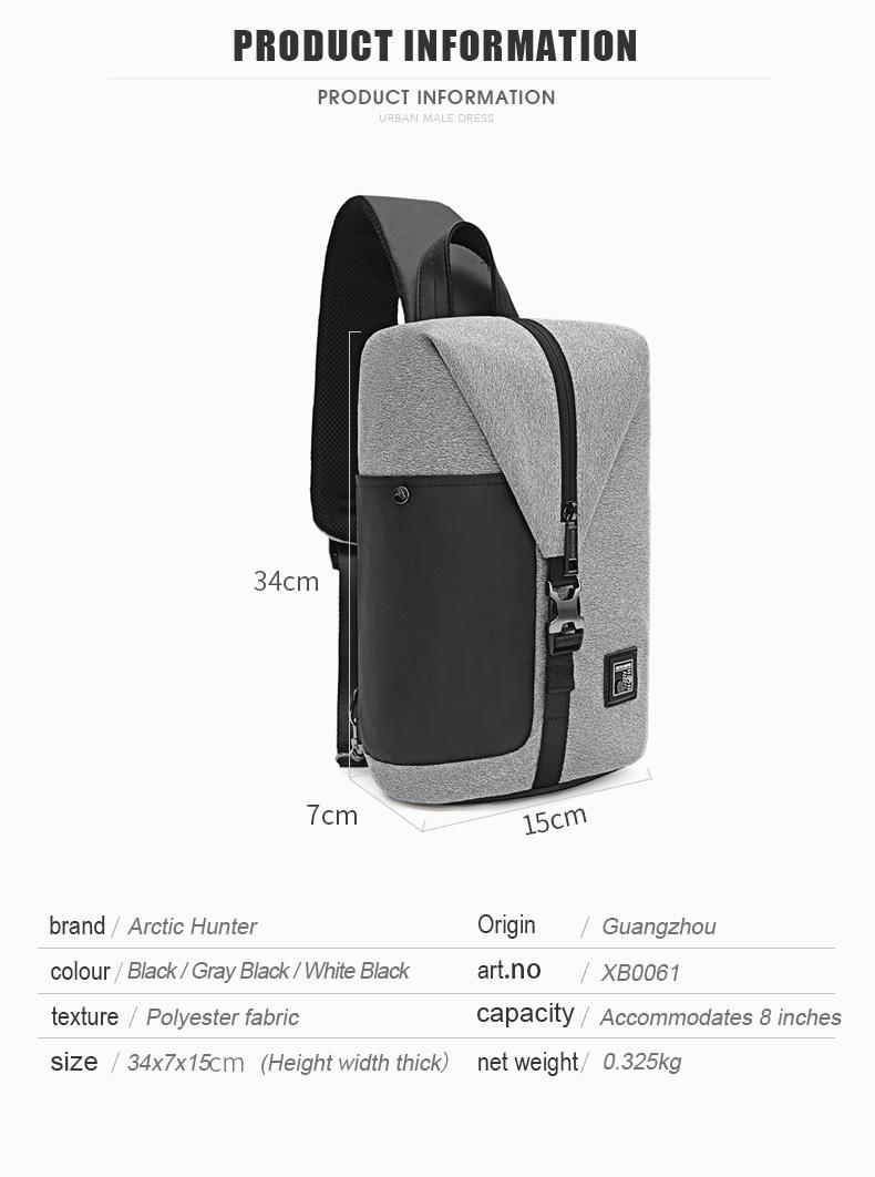 ARCTIC HUNTER XB00061- Crossbody Waterproof Men Chest Bag Gray