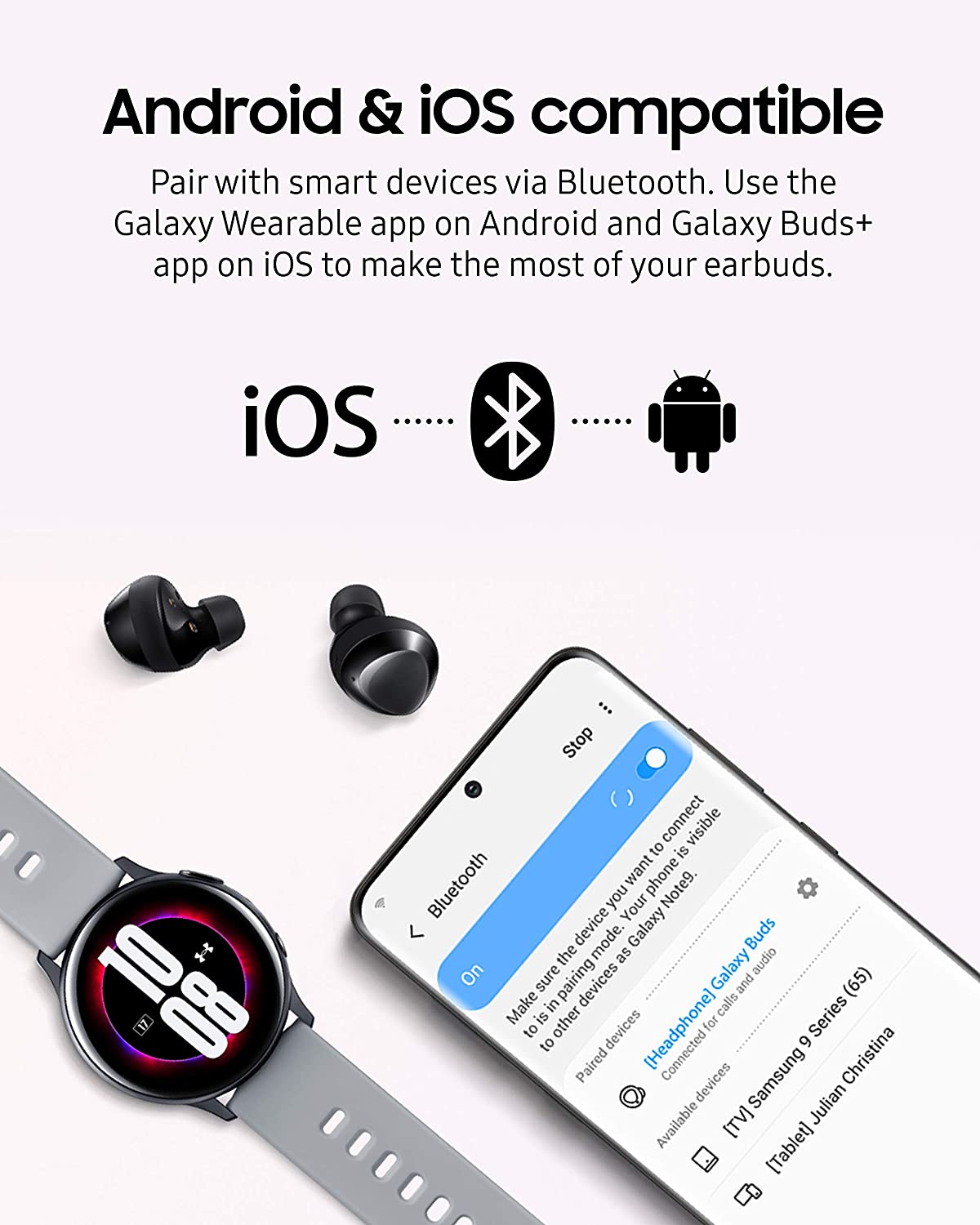 Samsung Galaxy Buds Plus by AKG in blue with charging case, wireless earbuds shown inside the open charging box.
