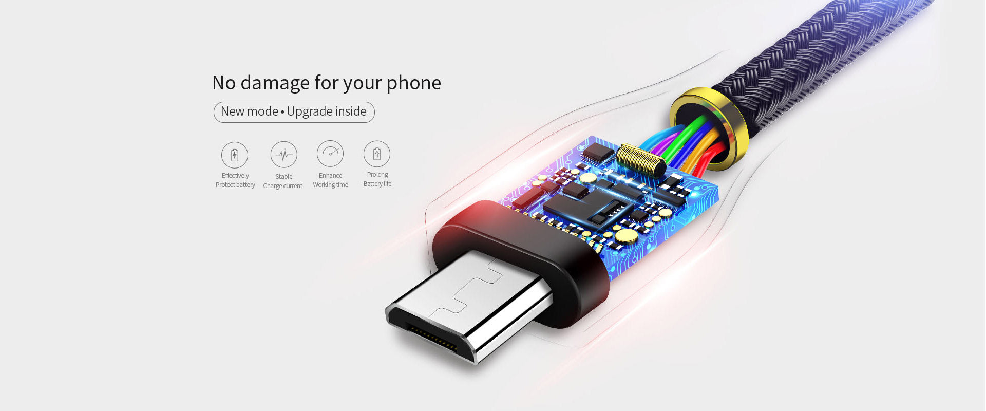 Joyroom micro cable in white, featuring anti-cut nylon material and 2.4A fast charge capability.