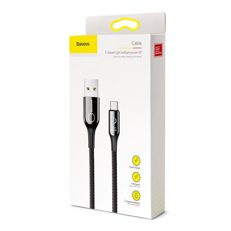 Black Smartkoshk C-shaped LED Type C cable with smart auto-stop charging feature, shown in a close-up view.