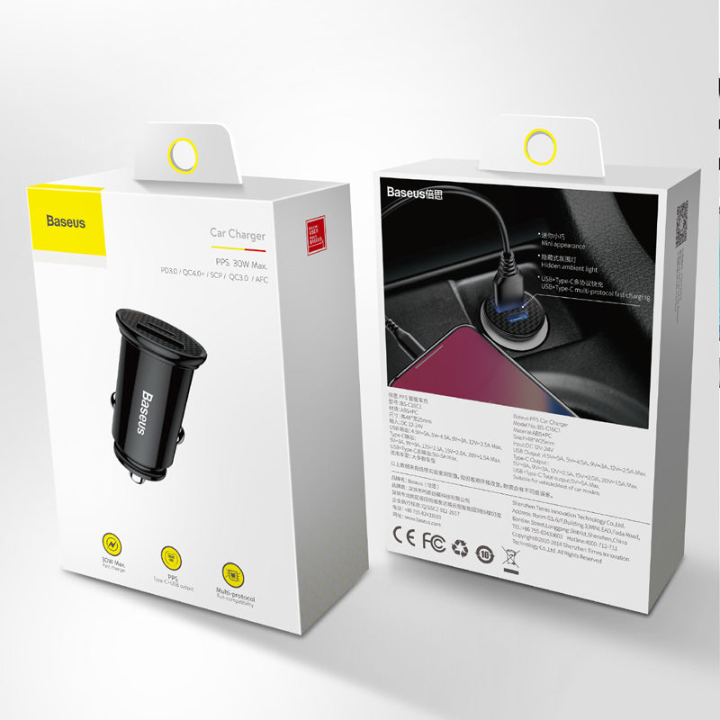 Smartkoshk circular car charger with dual USB and Type C PD ports, 30W power output, compact and versatile for charging devices.