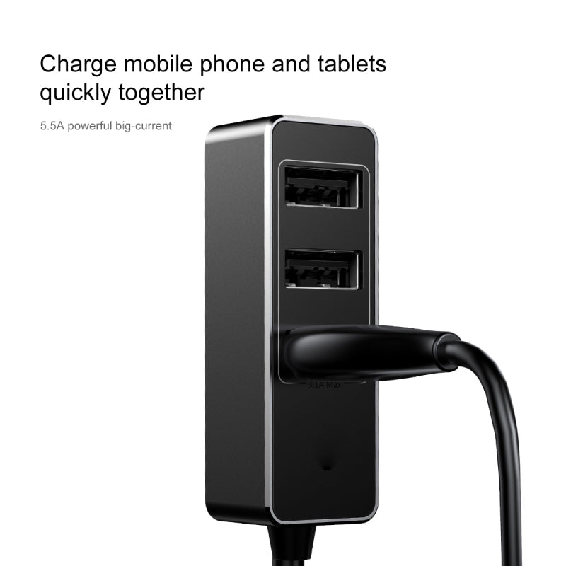 Baseus Enjoy Together black car charger with 4 USB ports and 5.5A output for charging multiple devices simultaneously.