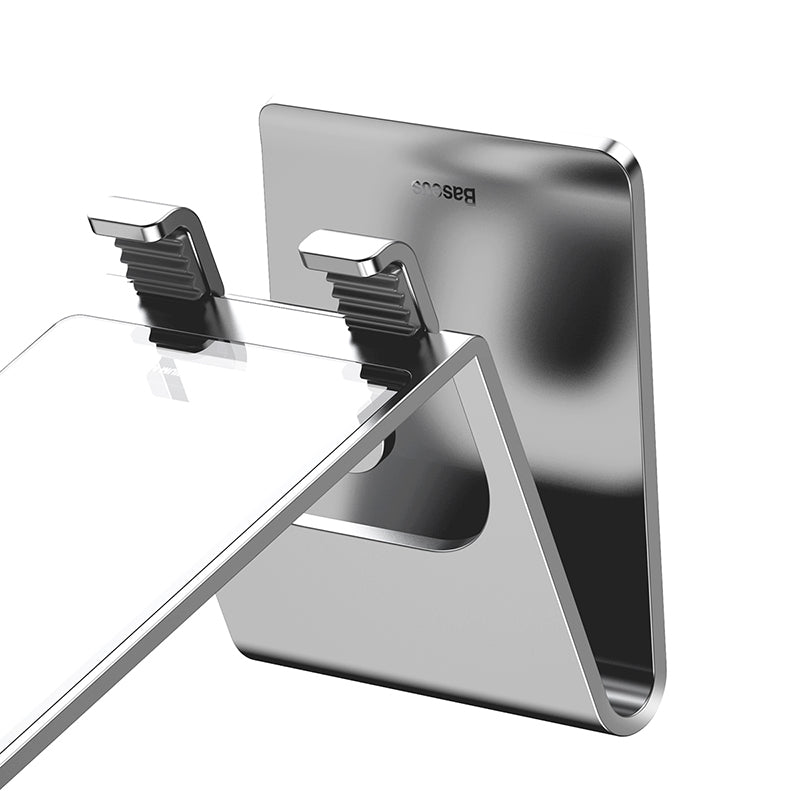 Baseus aluminum desktop bracket with glass back in silver, showcasing a sleek and modern design for device support.