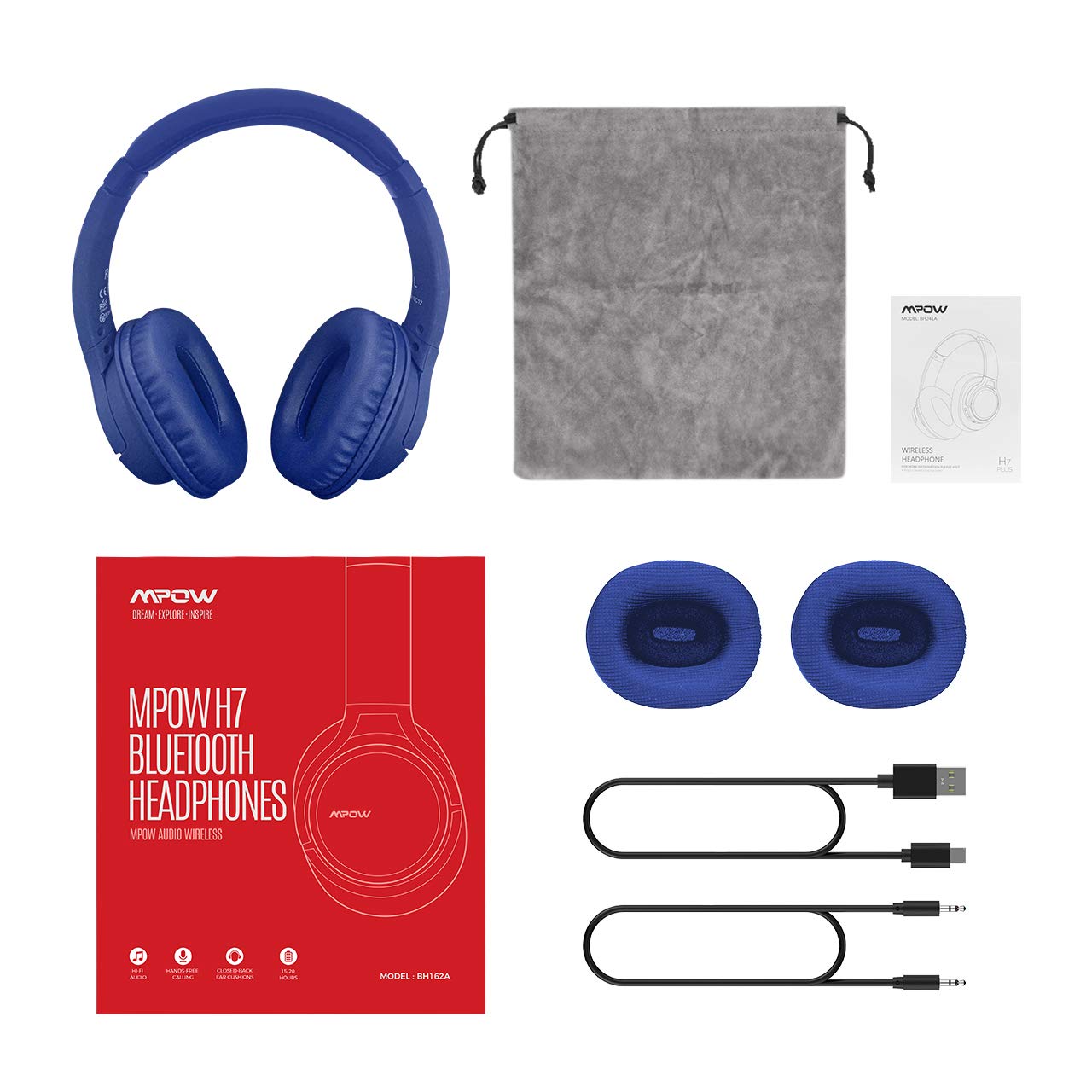 Mpow H7 Noise Cancelling  Wireless Headphone, Long Battery 15H, Aux Port Blue
