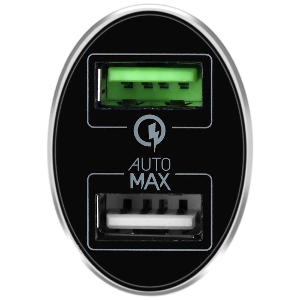 Smartkoshk UC9 Momax dual car charger with QC3.0 fast charging technology in black, shown plugged into a vehicle's power outlet.