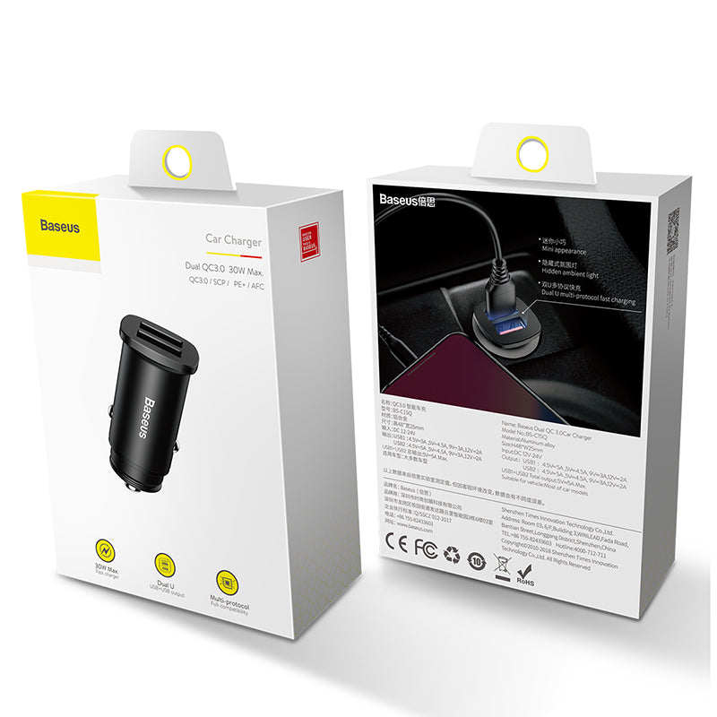 Baseus Square Metal Car Adapter Dual USB Quick Charge 3.0 (30W)