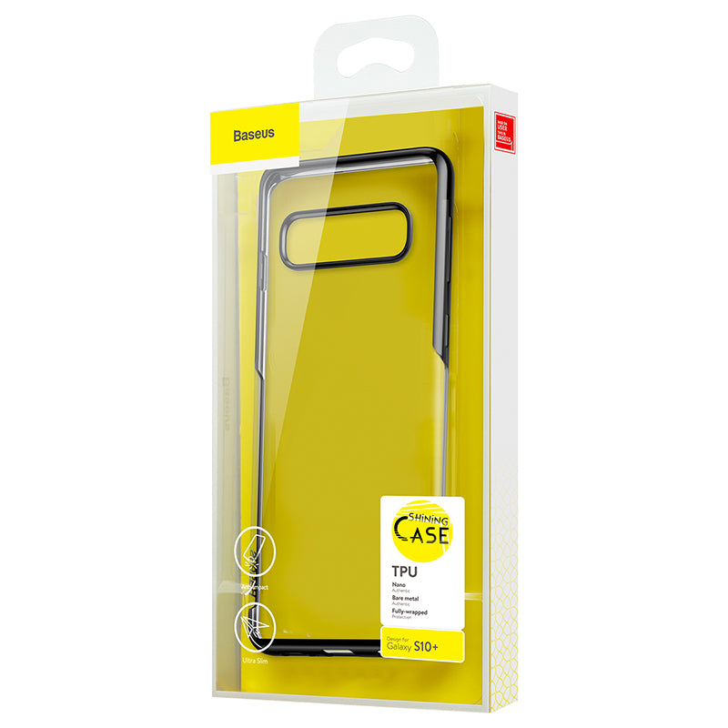 Transparent black flexible phone case for Samsung Galaxy S10 by Baseus, showing a slim, clear design with black edges.
