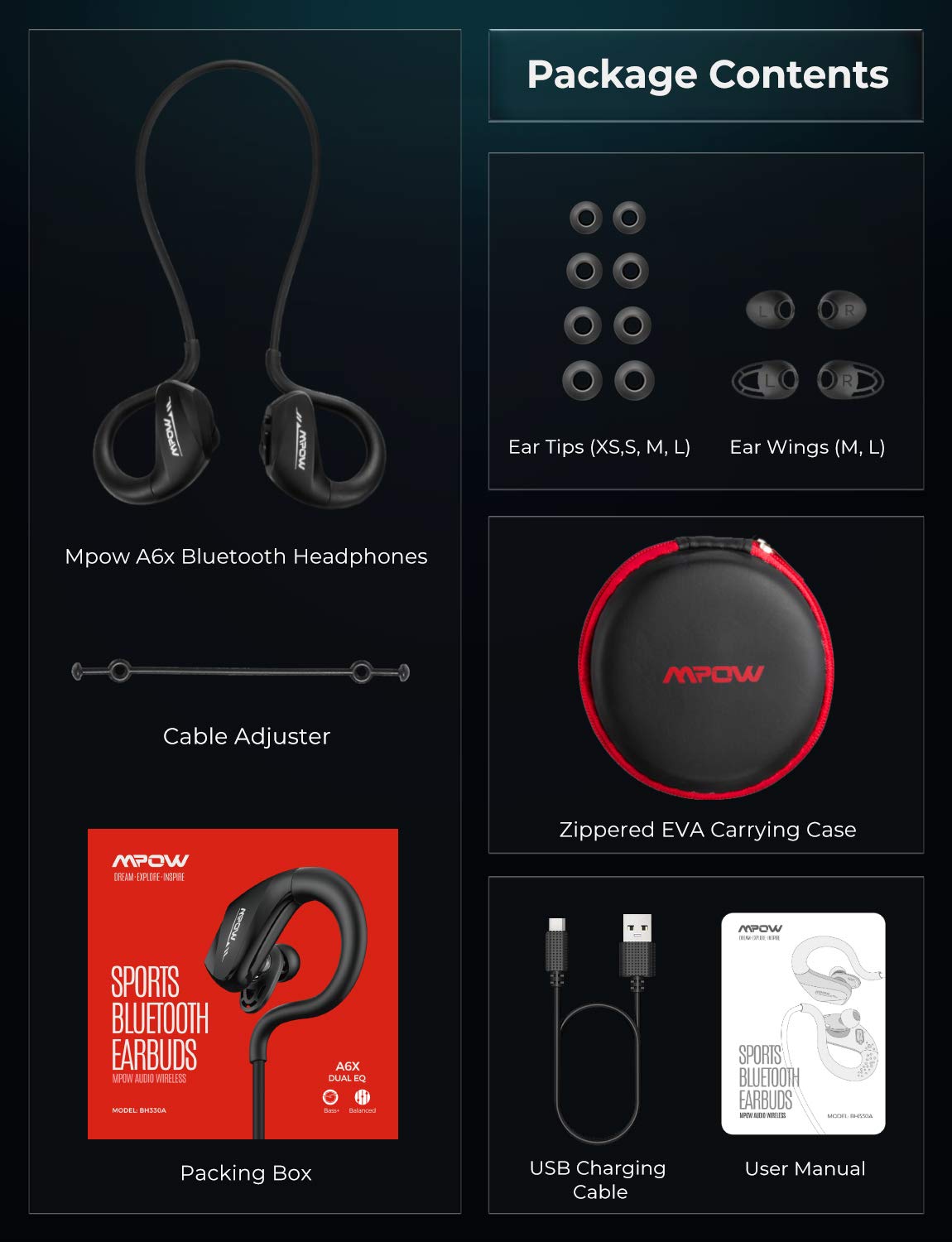 Mpow DS6 (A6X) Sport Wireless Headphone, Bass+, IPX6, BT5.0 Long Battery 9h Black