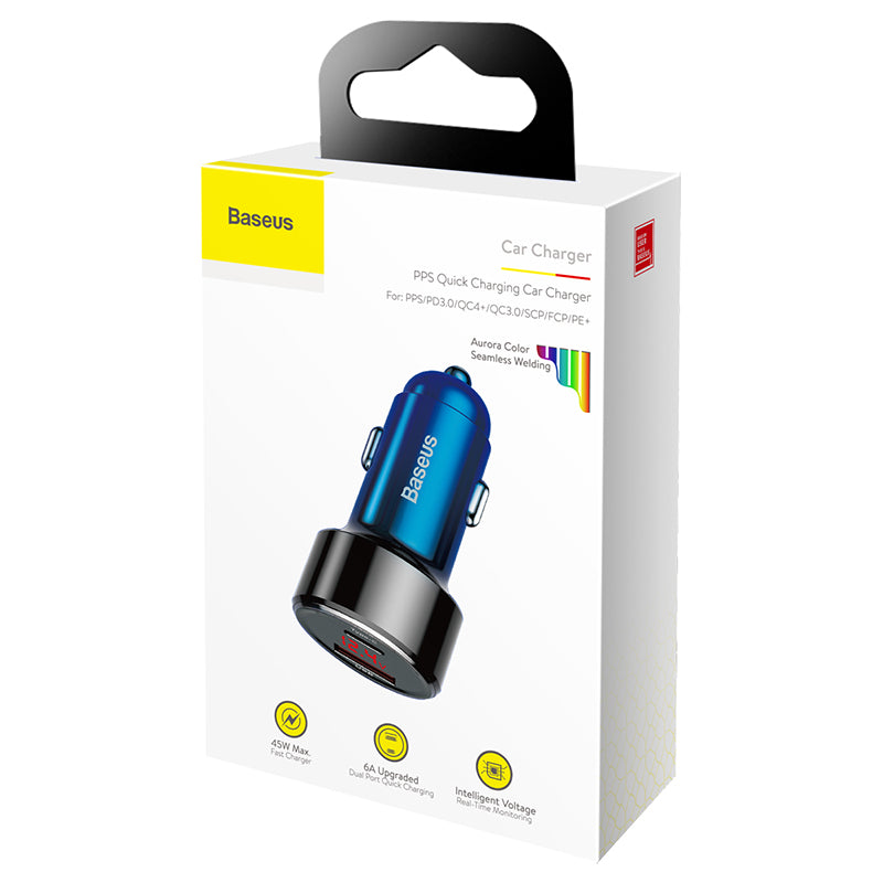 Magic PPS شاحن سيارة ميتال بشاشة ديجيتال 45W بمخرجين USB + PD ازرق تدريجى