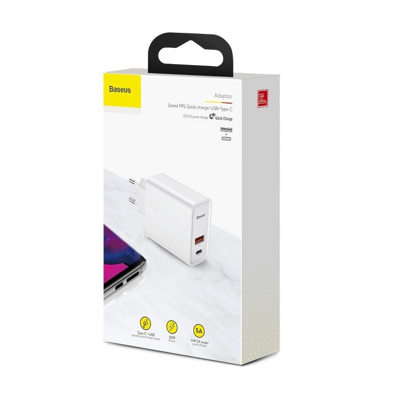 Baseus Speed PPS 30W/5A Type-C PD + USB Q3.0 Fast Charger | White