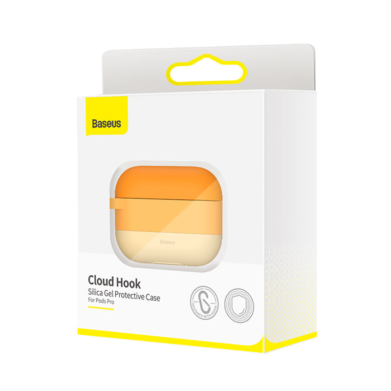 Baseus Cloud hook silica gel protective case for AirPods Pro in orange, showing the soft, flexible material and secure fit.