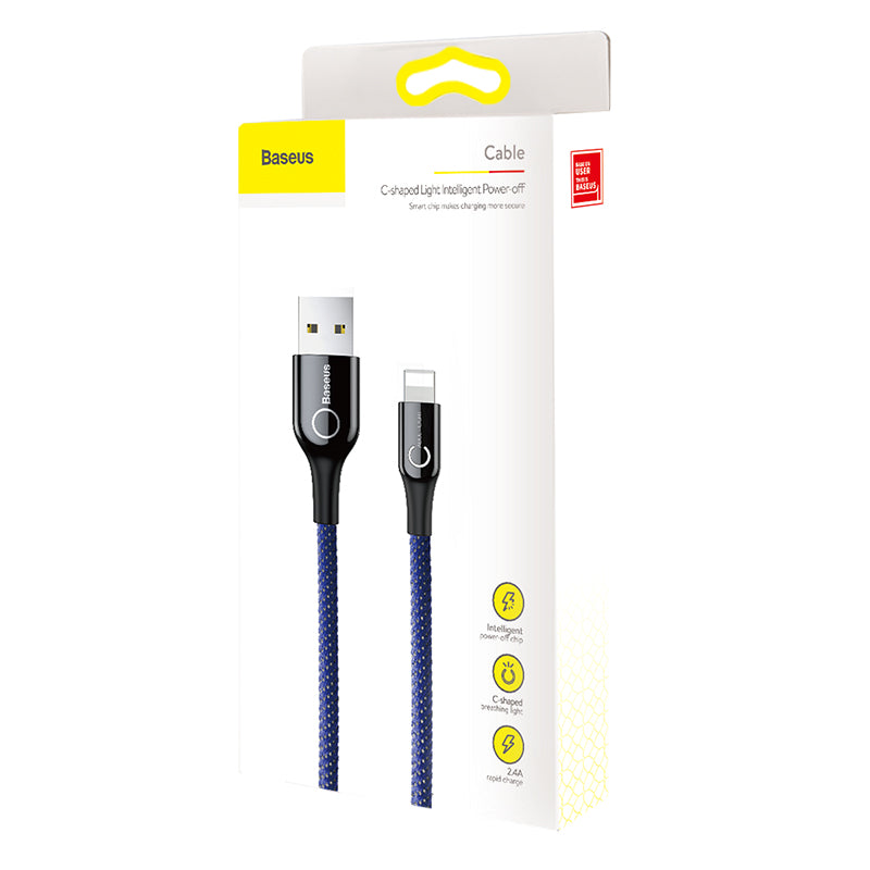 Blue C-shaped Smartkoshk iPhone charging cable with automatic stop feature, illuminated design, and smart charging capabilities.