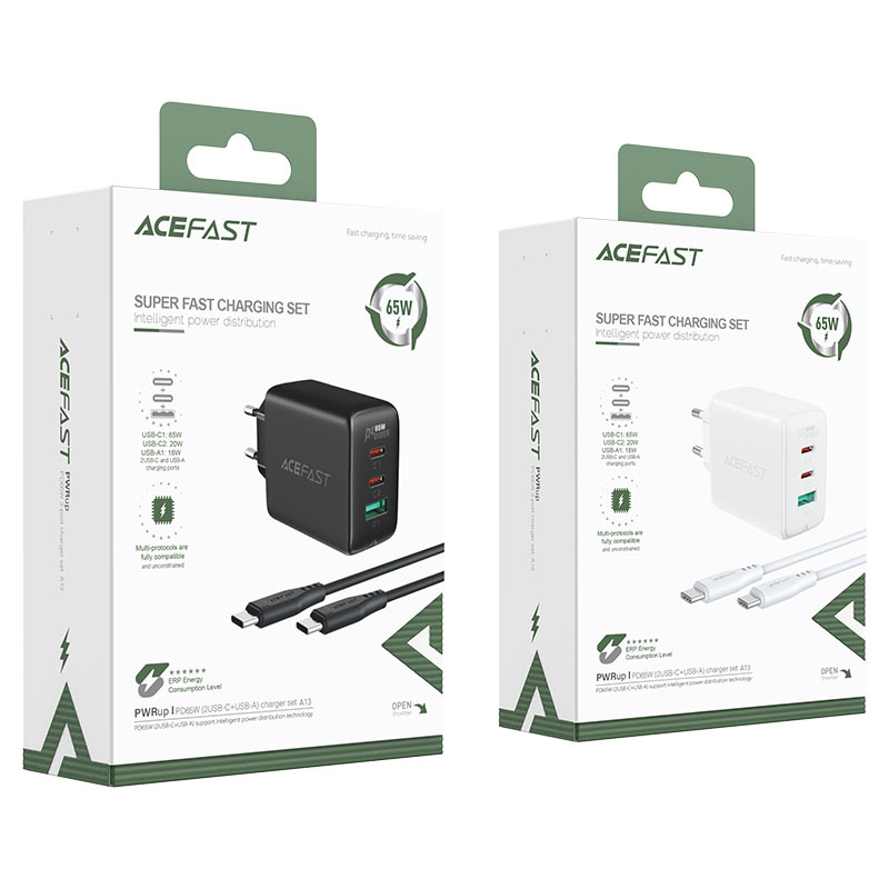 ACEFAST A13 PD65W(USB-C+USB-C+USB-A) 3-port charger set