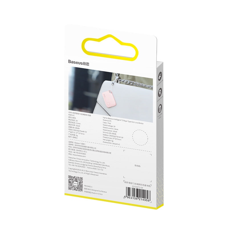 Pink Baseus Intelligent T2 Ropetype anti-loss device with keychain attachment, designed to prevent loss and easy to carry.