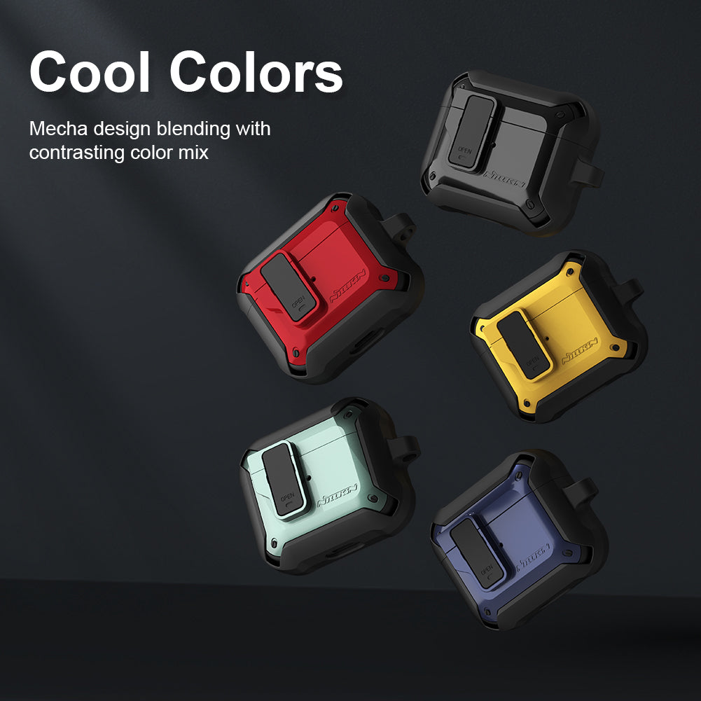 Nillkin Bounce case for AirPods Pro with anti-shock and hock protection, showing a clear, durable protective cover on the earbuds.