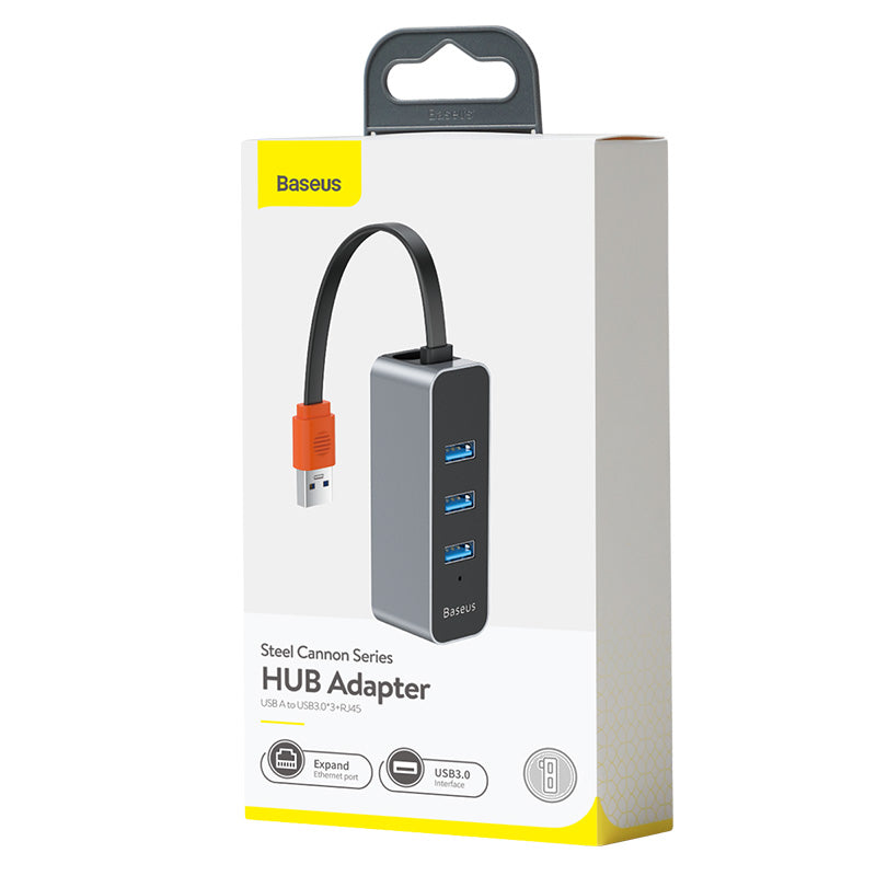 Baseus Steel Cannon Series USB A to USB3.0*3+RJ45 HUB Adapter Gray