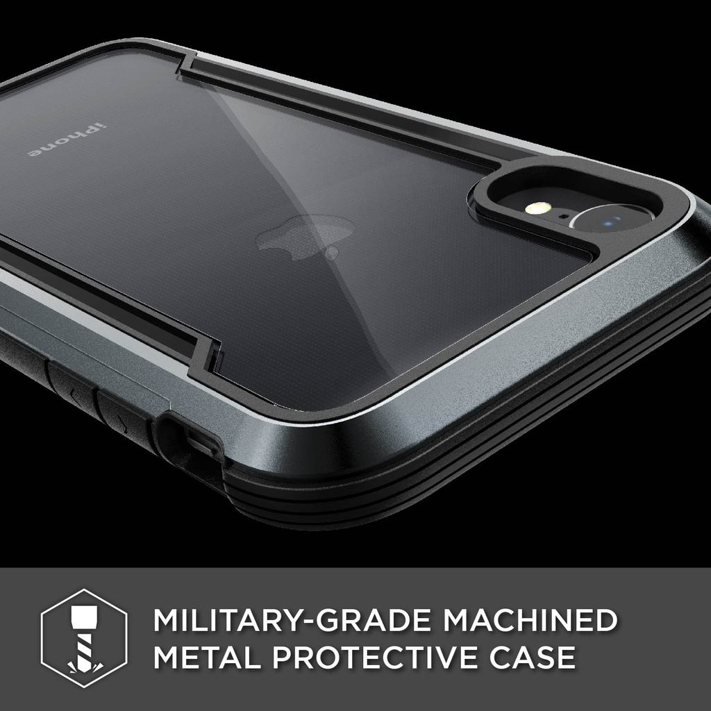 X-Doria Defense Shield anti-shock case for iPhone XR in black, showcasing its rugged design and protective features.