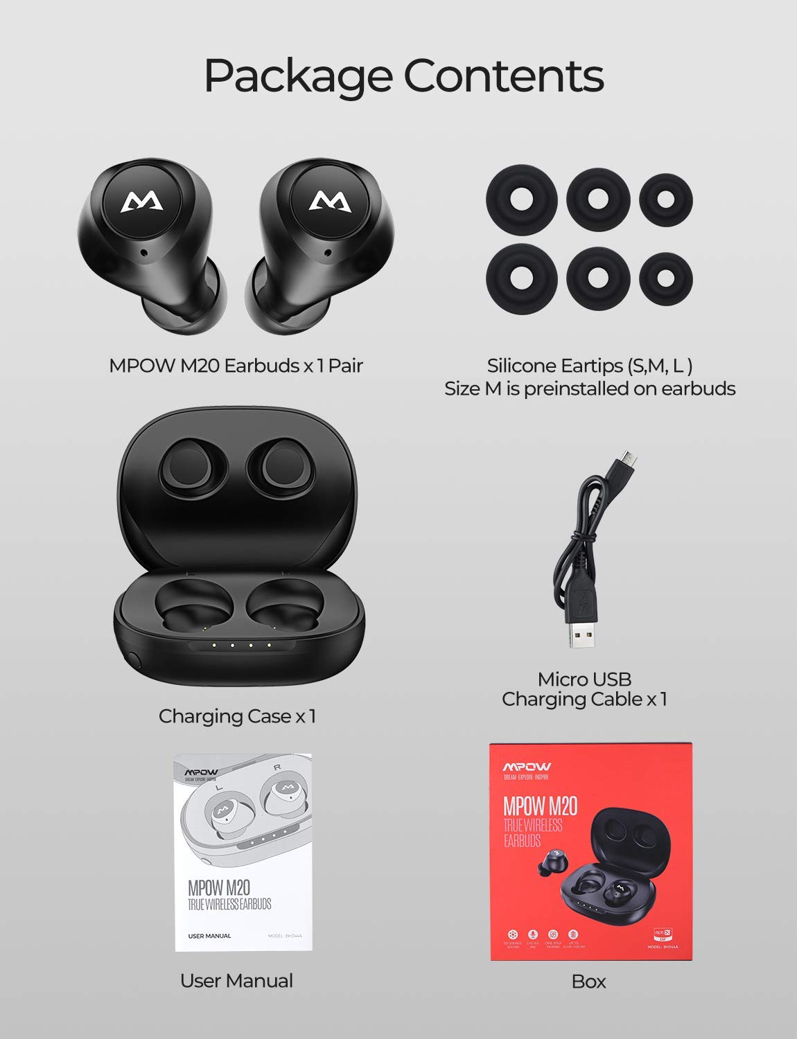 Mpow M20 TWS, Touch, Working 6h+106h, IPX7 Waterproof &amp; BT v5.0 Black