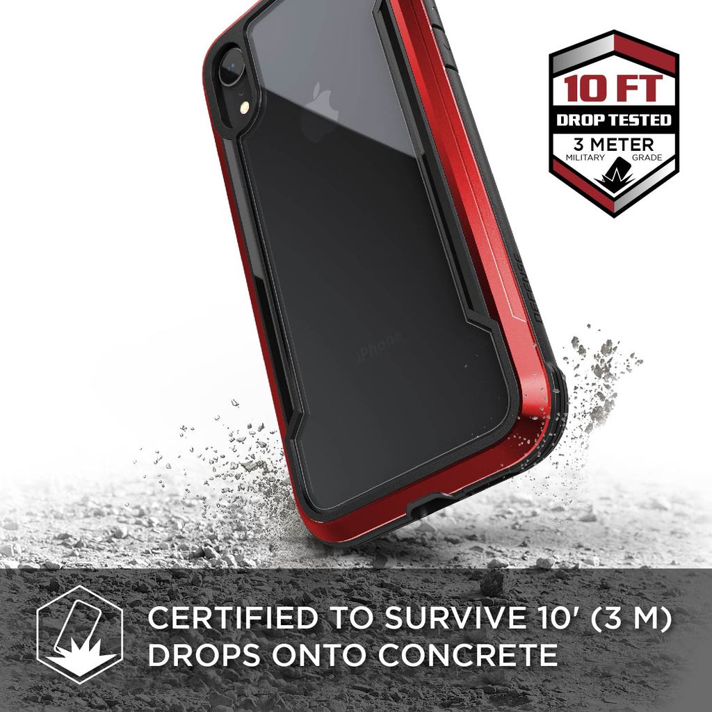 X-Doria Defense Shield iPhone Xr case in red, showcasing anti-shock design and durable materials for protection.