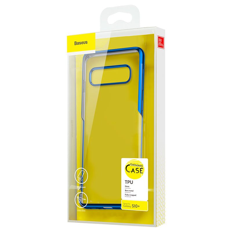 Transparent flexible case for Samsung Galaxy S10 in blue by Smartkoshk, showcasing the slim, shiny, and protective design.