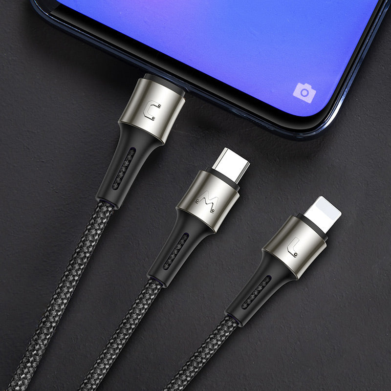 Baseus Caring Nylon Anti cut Cable 1-in-3 ( iPhone – Type C – Micro ) Black