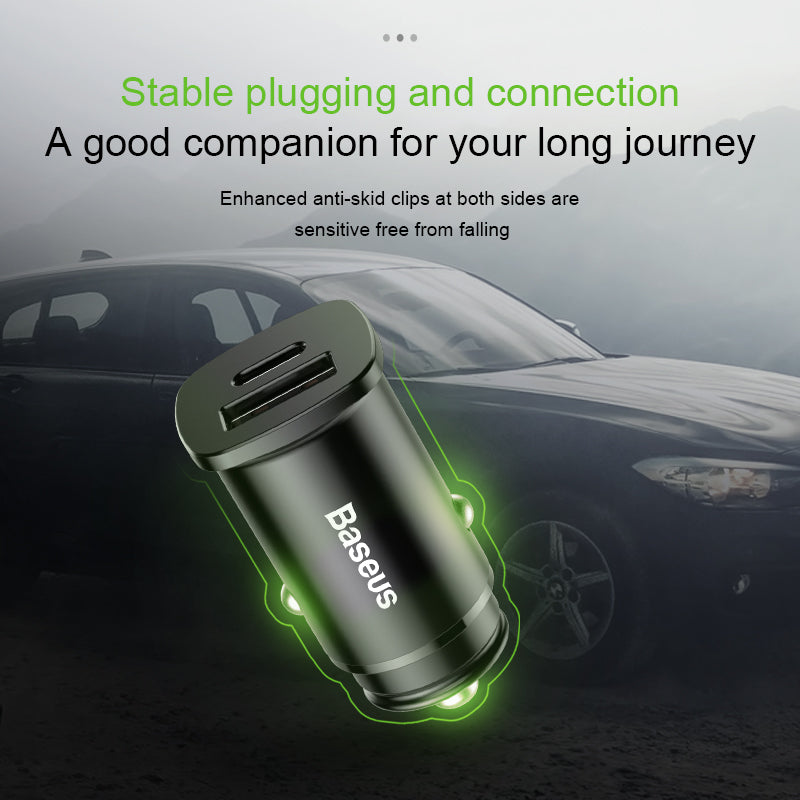 Square من باسيوس شاحن سيارة ميتال بمخرجين USB 30 وات + Type C PD سيلفر