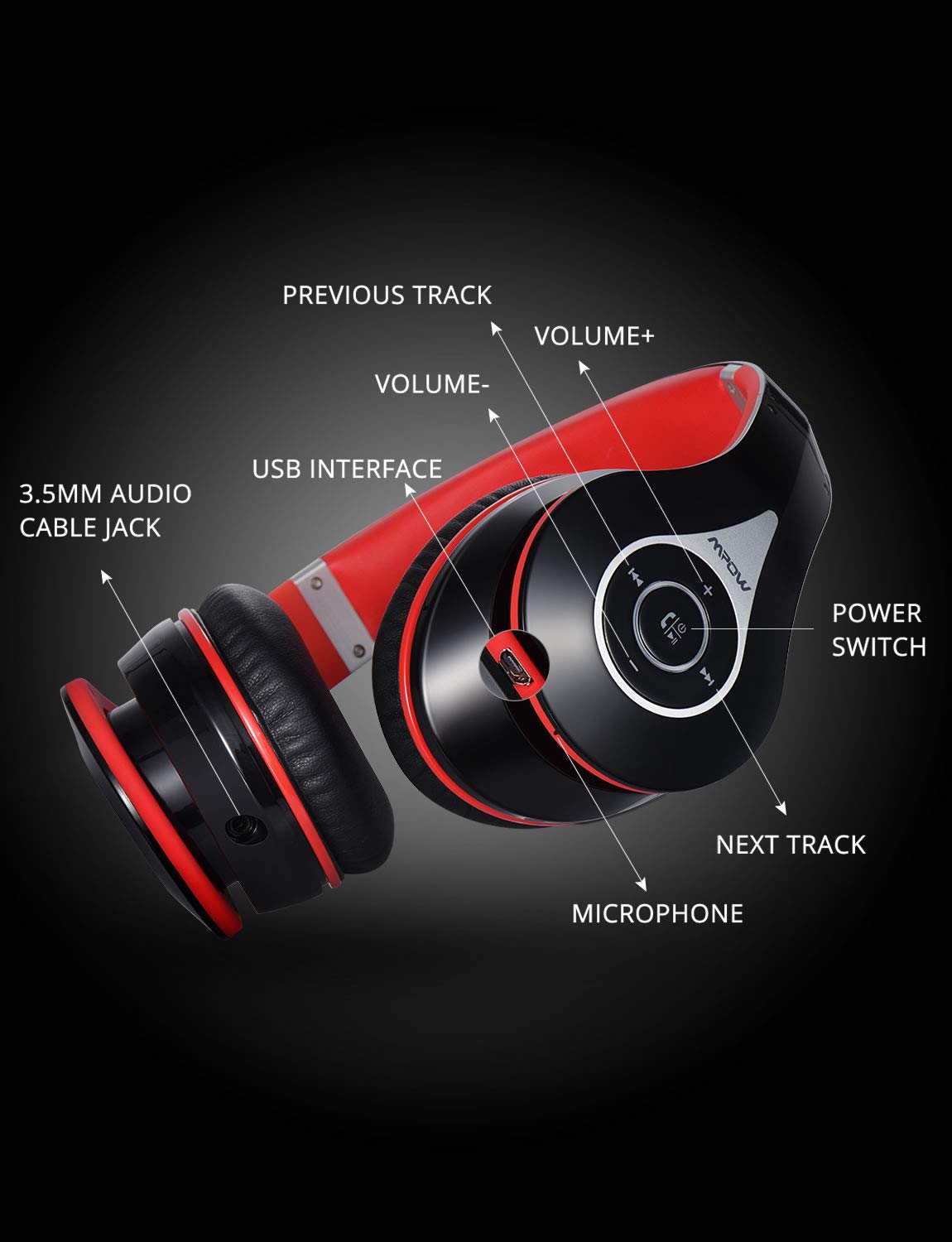 Mpow 059 Stereo HiFi Wireless Headphone With Mic, 20H Play Black/Red