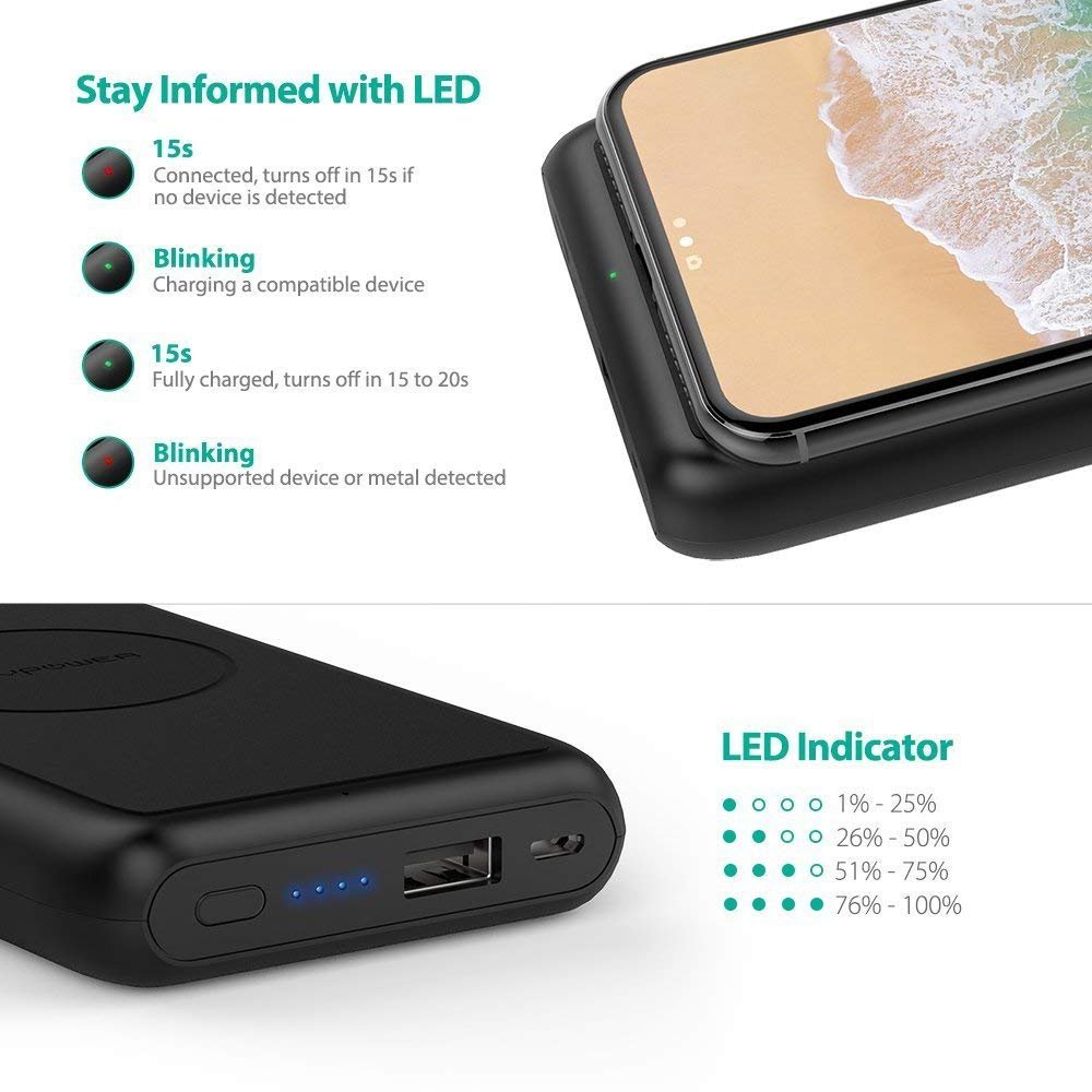 10000mAh Qi Wireless Power Bank By Ravpower Wireless charging 5W with iSmart Technology