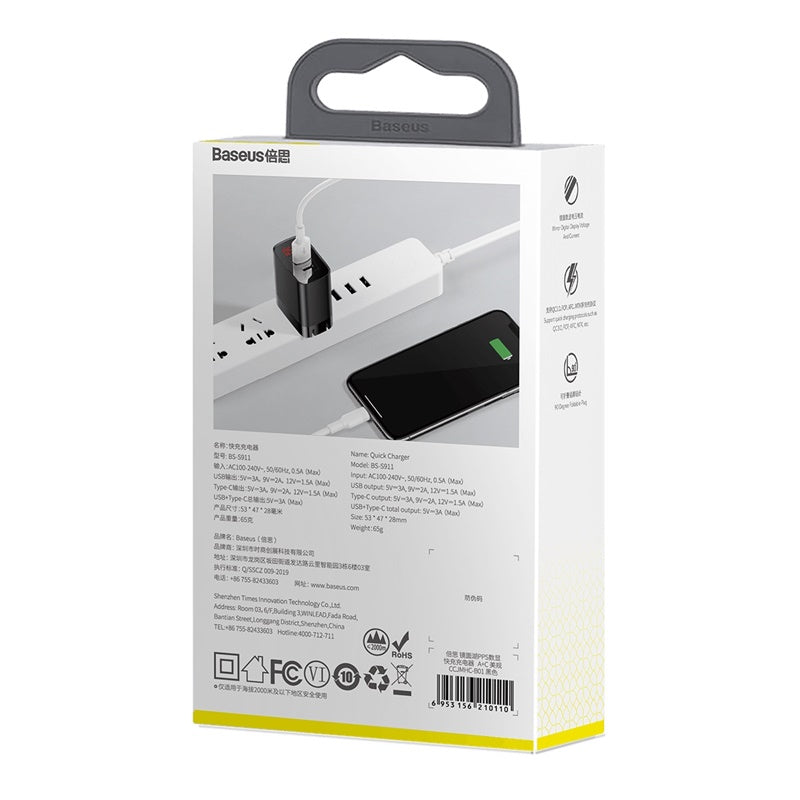 Baseus Mirror Lake Dual QC Digital Display quick Charger Type-c + A Black