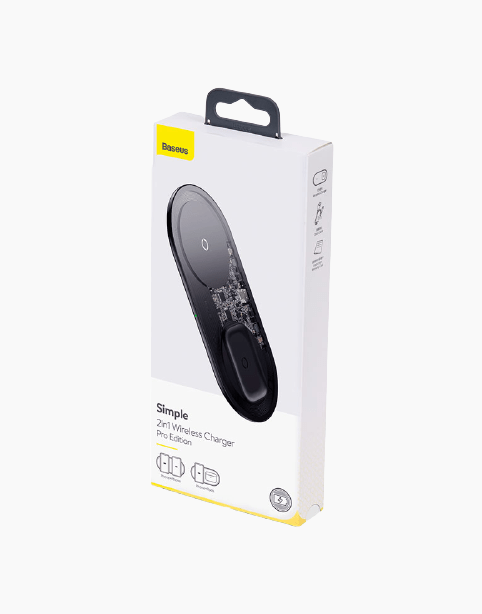 Baseus Simple 2in1 Wireless Charger Pro Edition for phones and AirPods, featuring a transparent design.