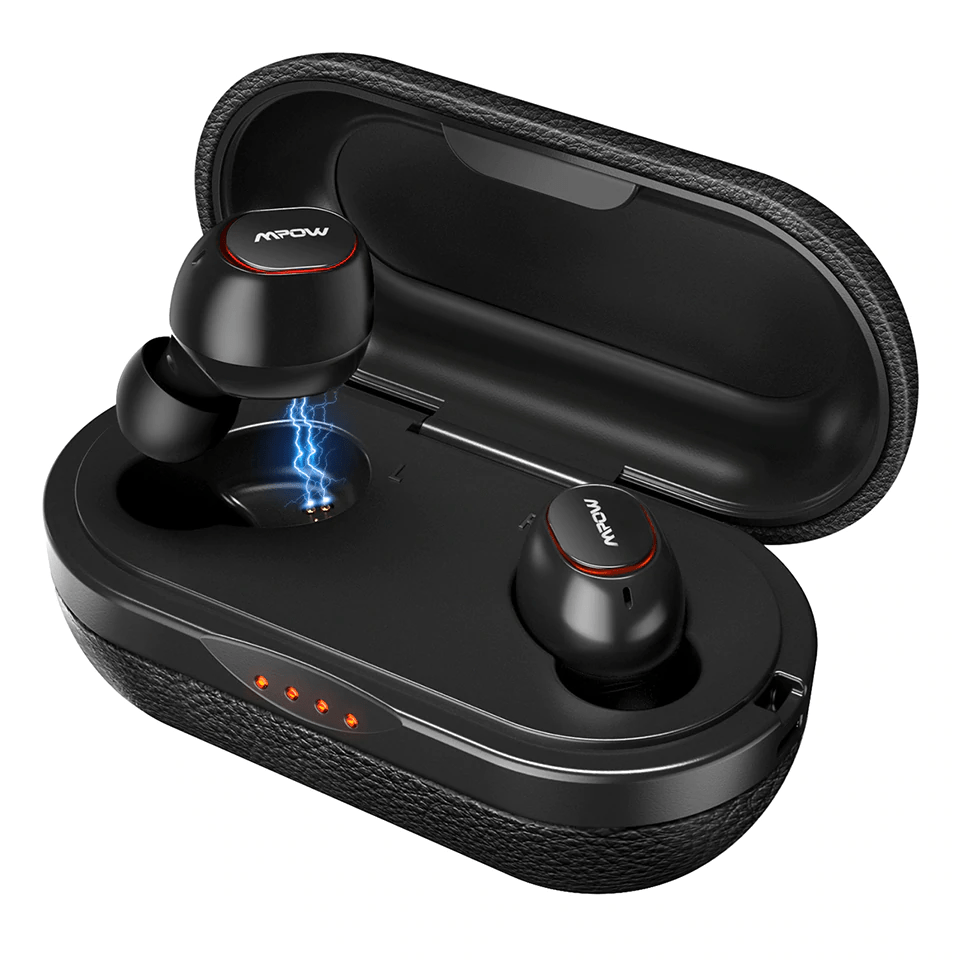 Black Mpow M5 TWS earbuds with bass enhancement, IPX7 waterproof, Bluetooth v5.0, showing the compact charging case.
