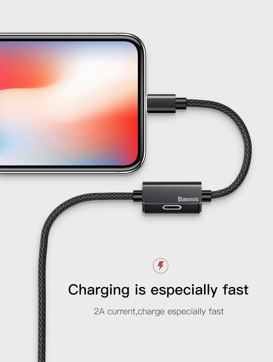 Baseus 2-in-1 iPhone charging and listening to music adapter connected to an iPhone with charging cable and headphones.