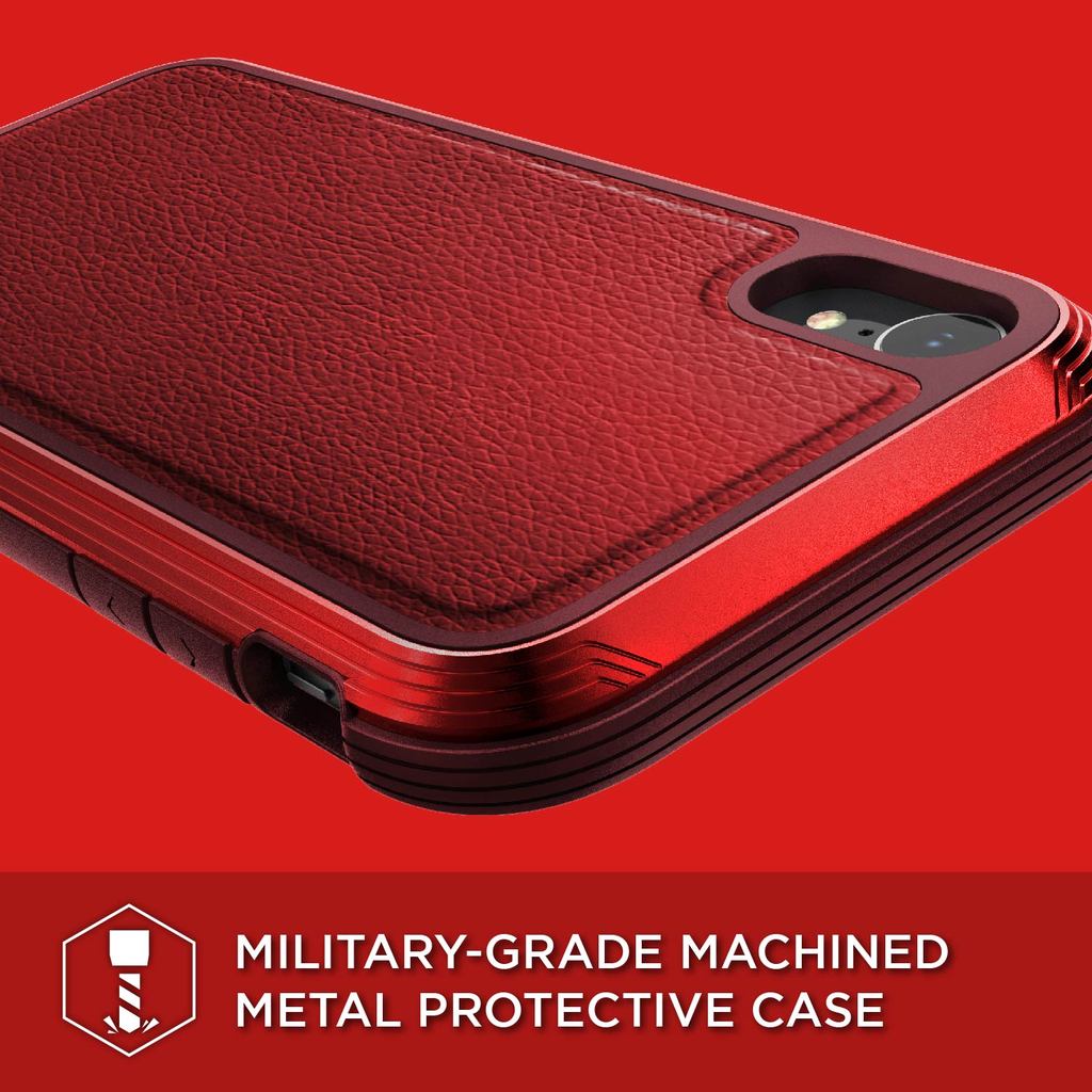 Red X-Doria Defense Lux Leather case for iPhone Xr, showcasing anti-shock features and sleek design.