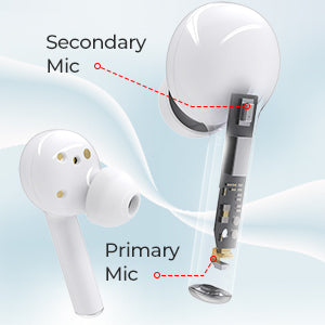 White Mpow M10 TWS in-ear headphones with detection sensor, four microphones, IPX5 waterproof rating, shown from side angle