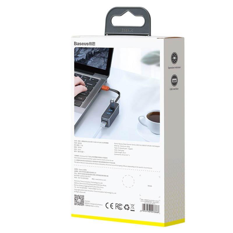 Baseus Steel Cannon Series USB A to USB3.0*3+RJ45 HUB Adapter Gray