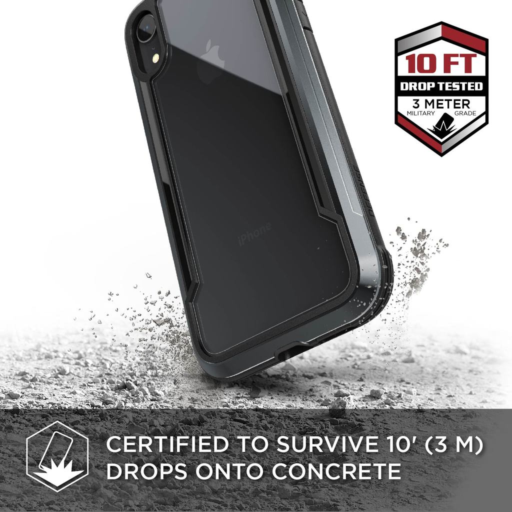 X-Doria Defense Shield iPhone Xr case in black, showcasing anti-shock design and durable construction.