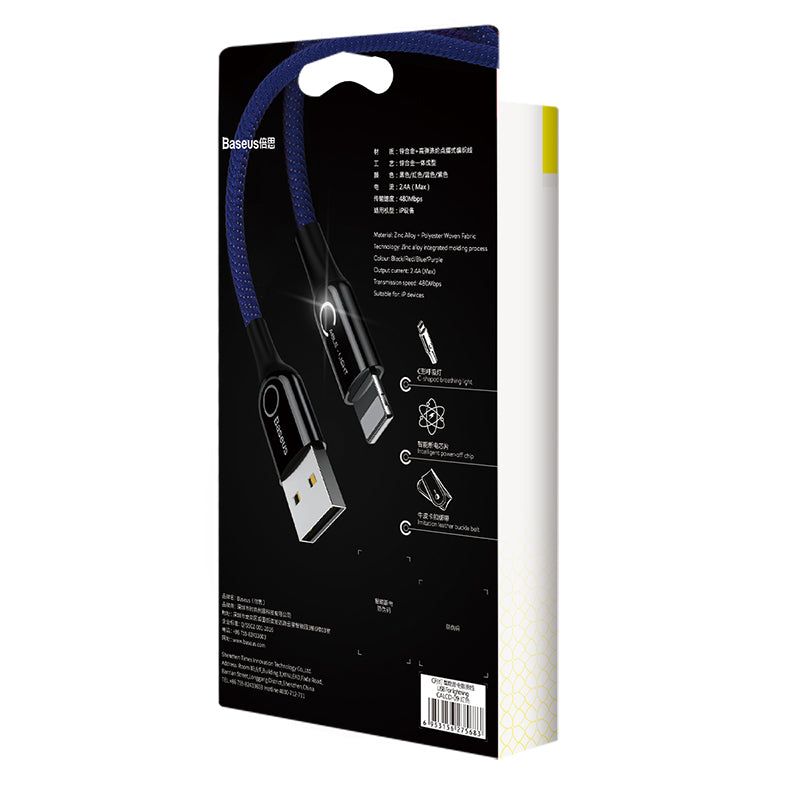 Blue C-shaped Smartkoshk iPhone charging cable with LED light, auto-stop feature after battery is fully charged, flexible design.