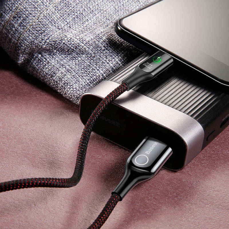 Black C-shaped Smartkoshk USB Type-C cable with LED indicator, automatic stop feature when charging completes, designed for fast charging.