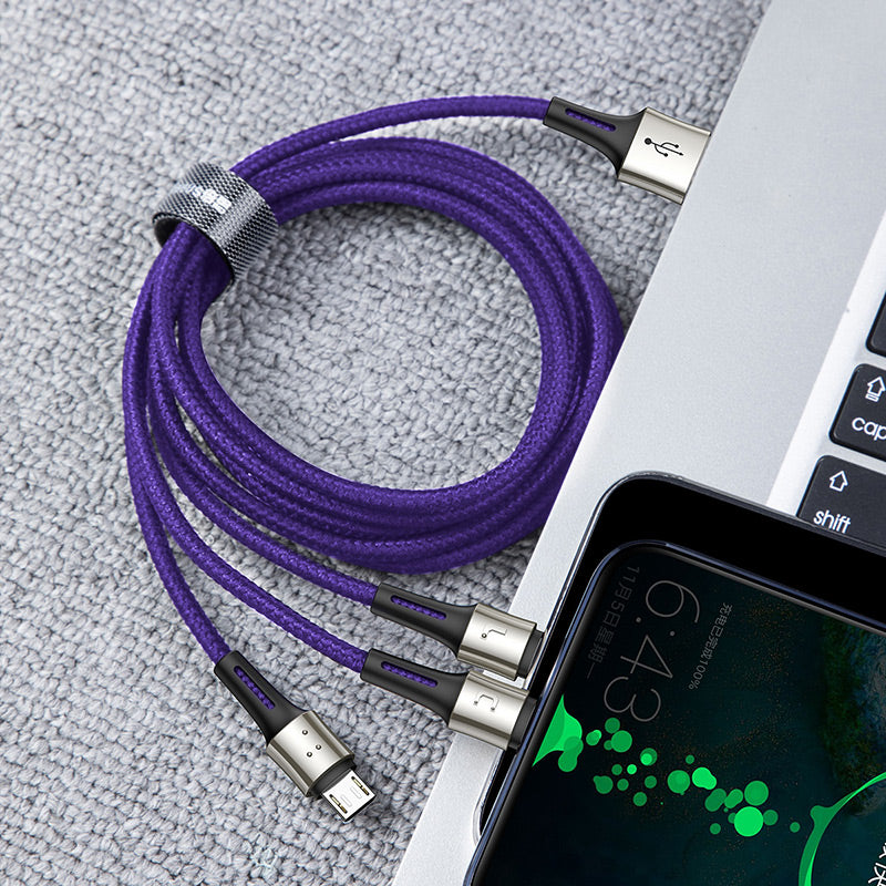 Baseus Caring Nylon Anti cut Cable 1-in-3 ( iPhone - Type C - Micro ) Purple