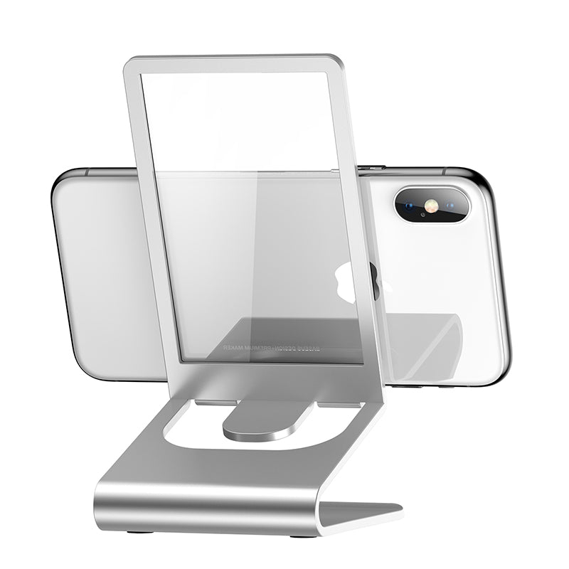 Baseus aluminum desktop bracket with glass back in silver, showcasing a sleek and modern design for optimal device support.