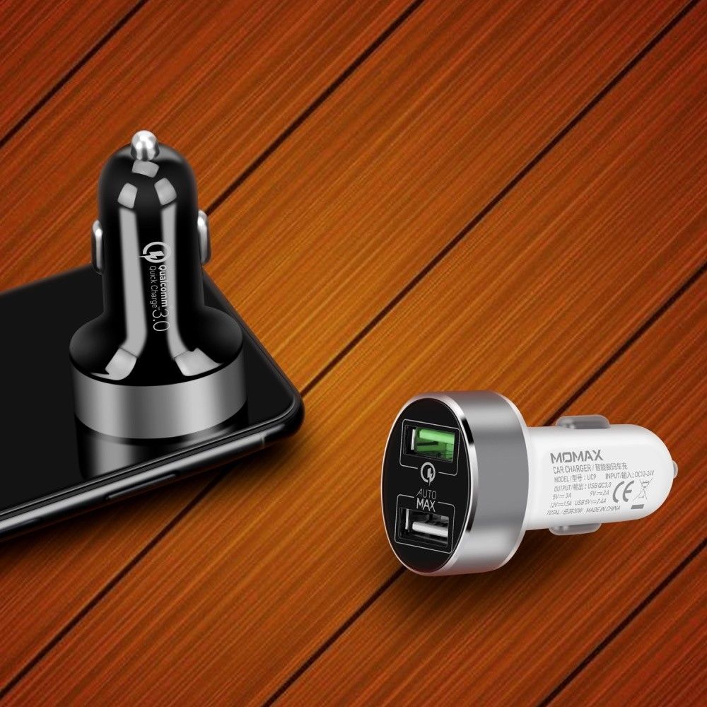Smartkoshk UC9 Momax dual car charger with QC3.0 fast charging in black, shown plugged into a vehicle's cigarette lighter port.