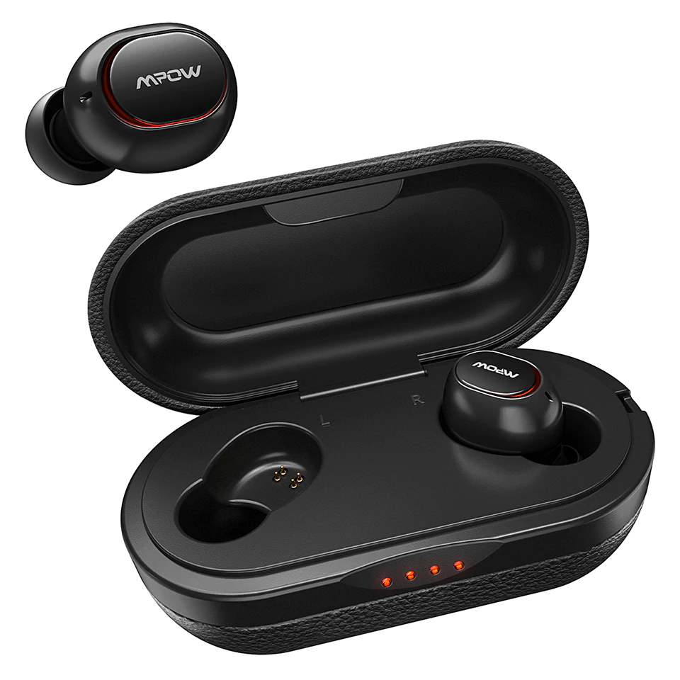 Mpow M5 TWS Bluetooth earbuds by Smartkoshk, black, showing charging case and earbuds with IPX7 waterproof design.
