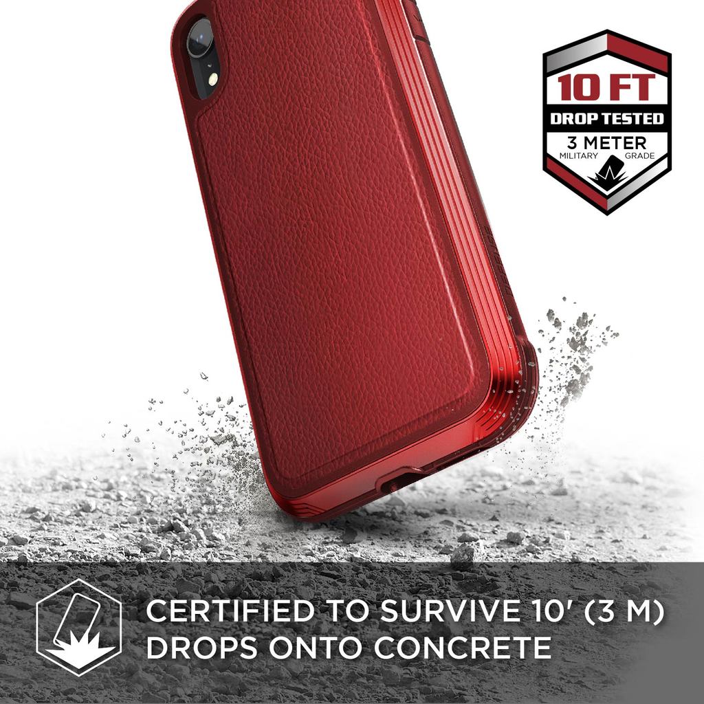 Red X-Doria Defense Lux Leather case for iPhone Xr, featuring anti-shock design and durable protection up to 3M.
