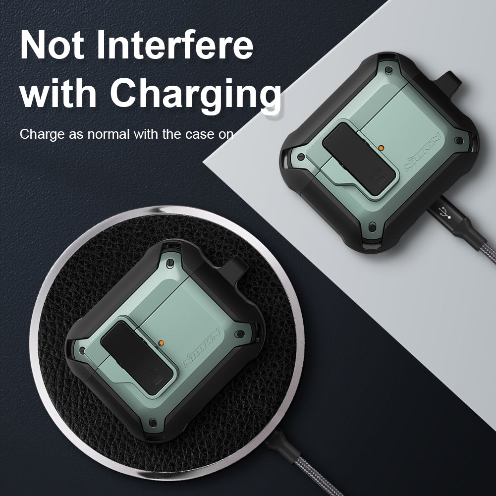 Nillkin Bounce case for AirPods Pro, anti-shock with hook, showing durable black protective cover and built-in hook attachment.