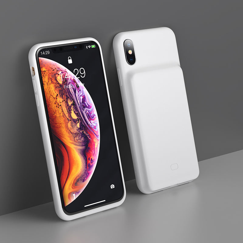White Baseus Liquid Silicone Smart Power Case for iPhone XS Max 6.5 with 4200mAh battery, showing the sleek silicone exterior.
