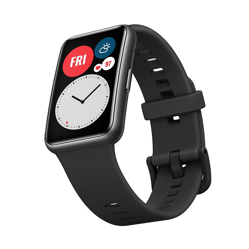 Black Huawei Watch Fit with SpO2 and heart rate monitor features displayed on a wrist.