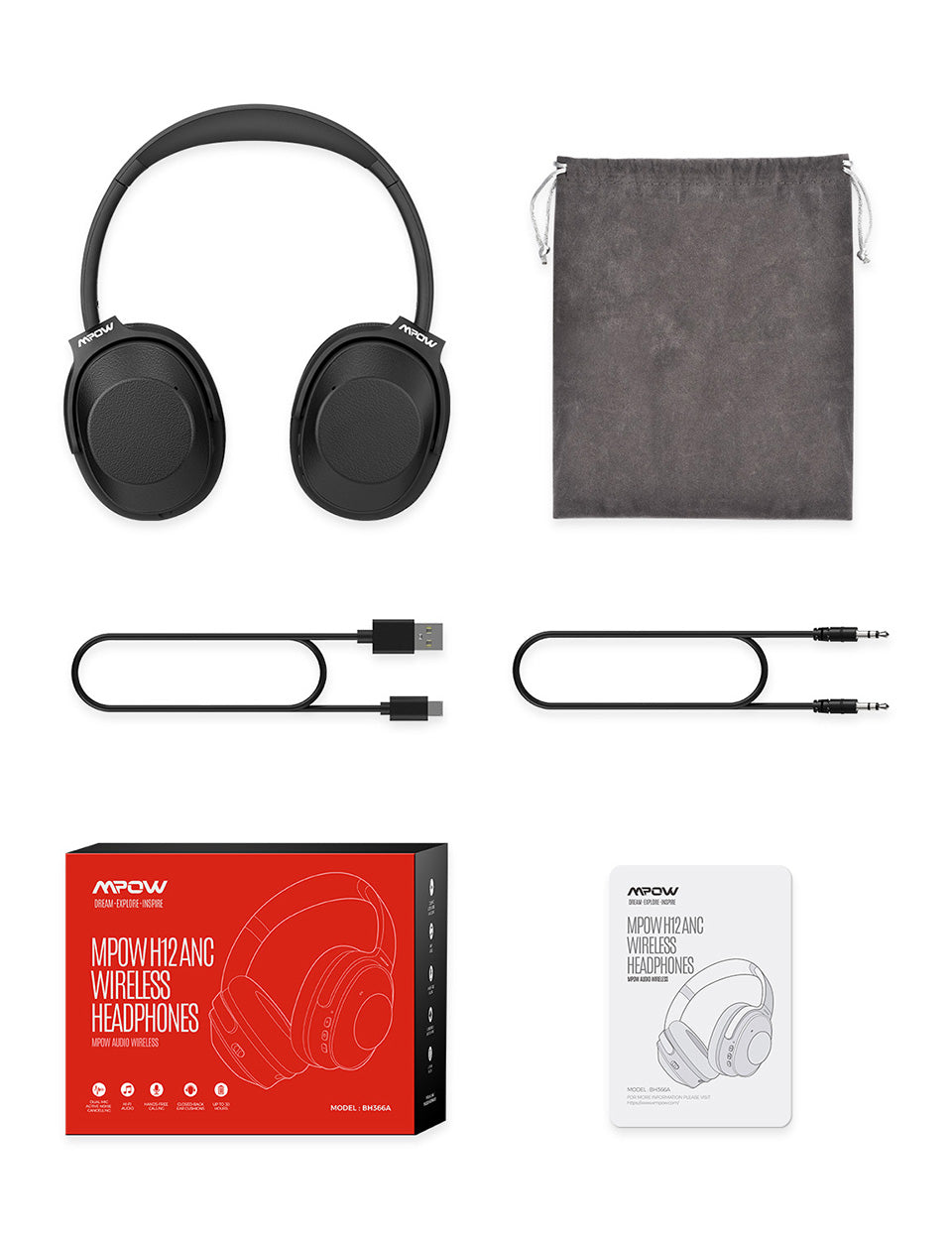 Mpow H12 Hybrid Active Noise Cancelling Headphones Long Battery 30H Black Leather