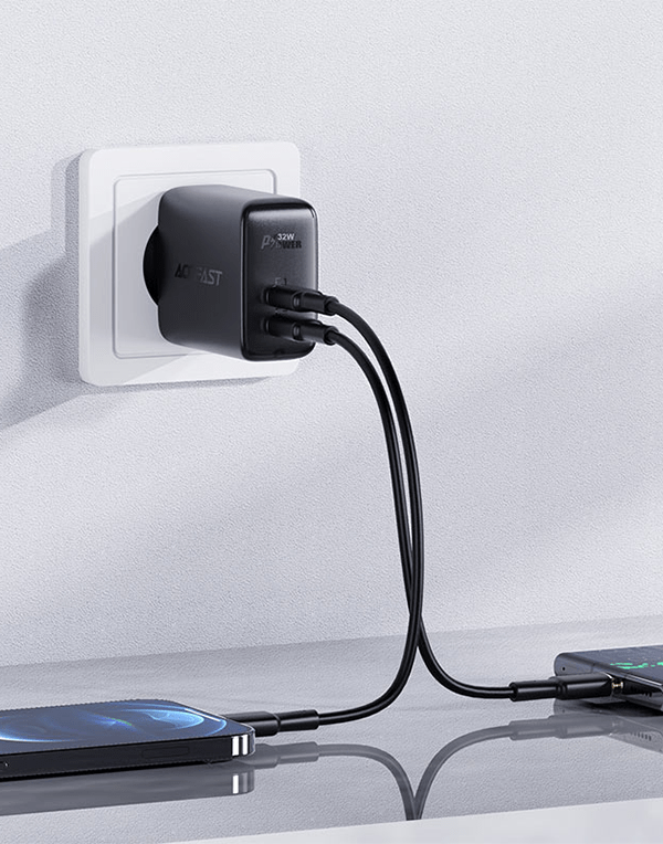ACEFAST A5 PD32W dual port charger with USB-C and USB-A ports for fast charging, shown in a close-up image.